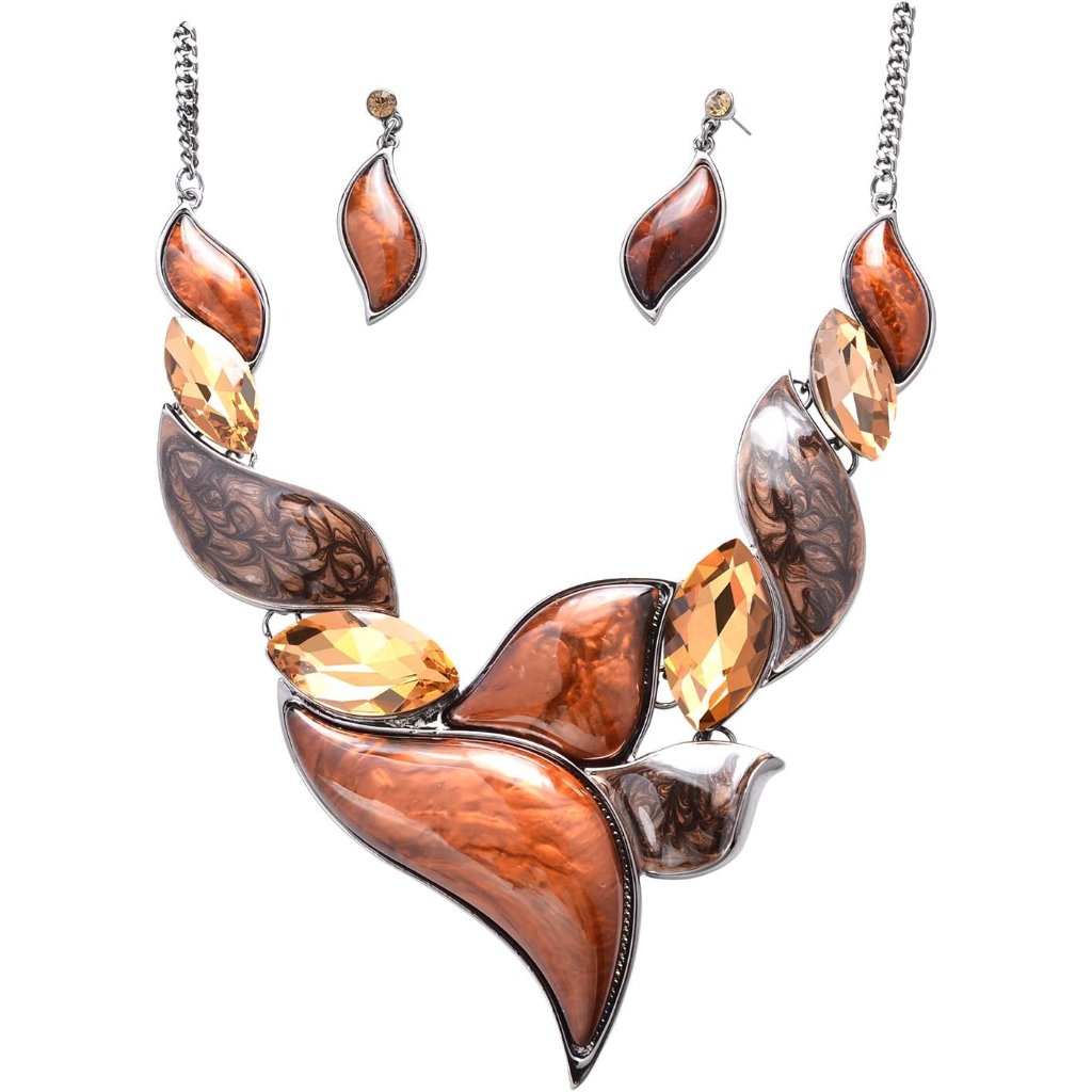 Retro Women's Crystal Floral Petal Leaf Chunky Statement Necklace And Earrings S